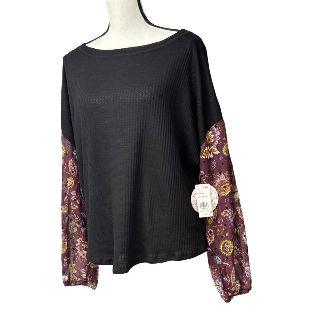 Gypsies & Moondust Juniors' Waffle Knit Sheer Sleeve Top, Burgundy, L